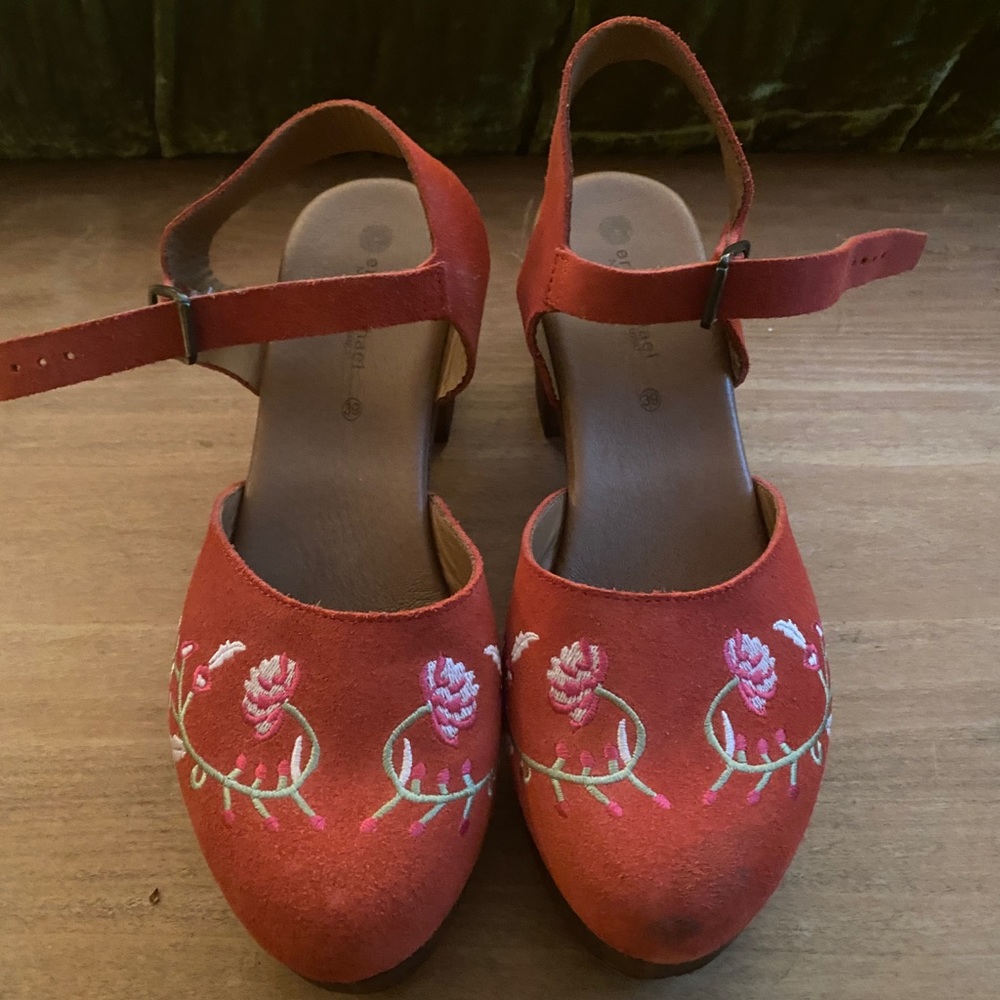 Eric Michael red suede clogs with flowers. Wood soles. Barely worn.